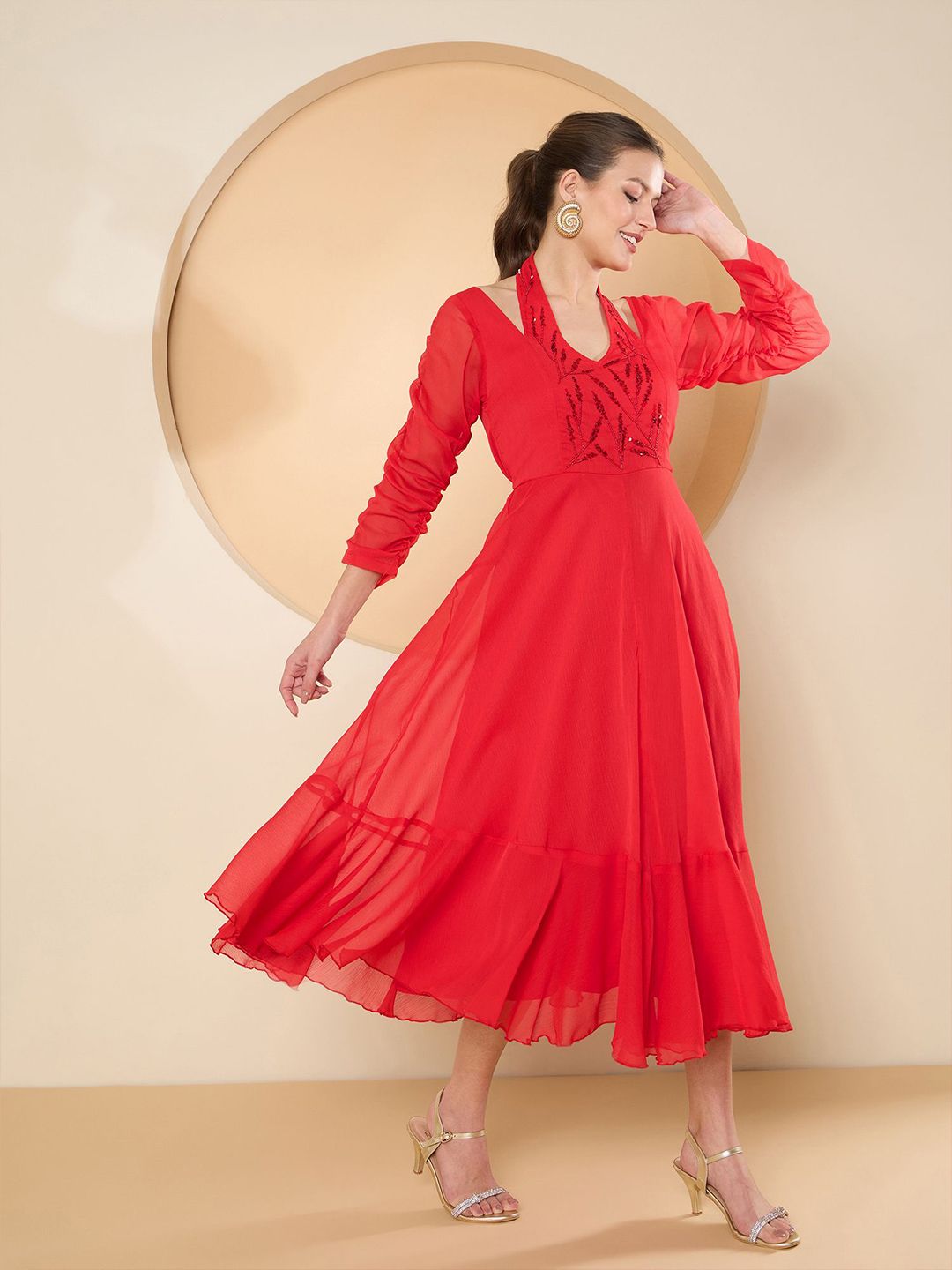 Antheaa Women Halter Neck Chiffon Fit & Flare Embellished Midi Dress