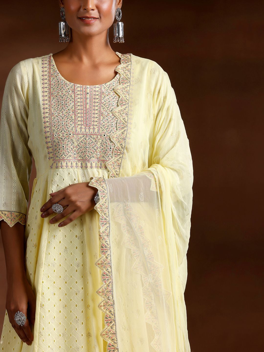 Libas Ethnic Motif Embroidered Sequinned Pure Cotton Anarkali Kurta With Trouser & Dupatta