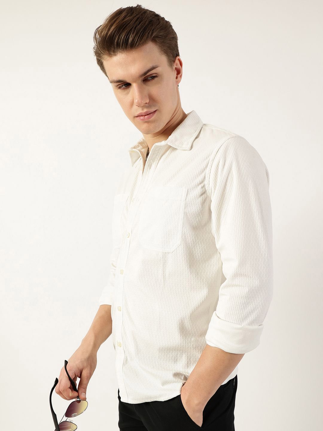 Thomas Scott Men Classic Spread Collar Textured Slim Fit Casual Shirt