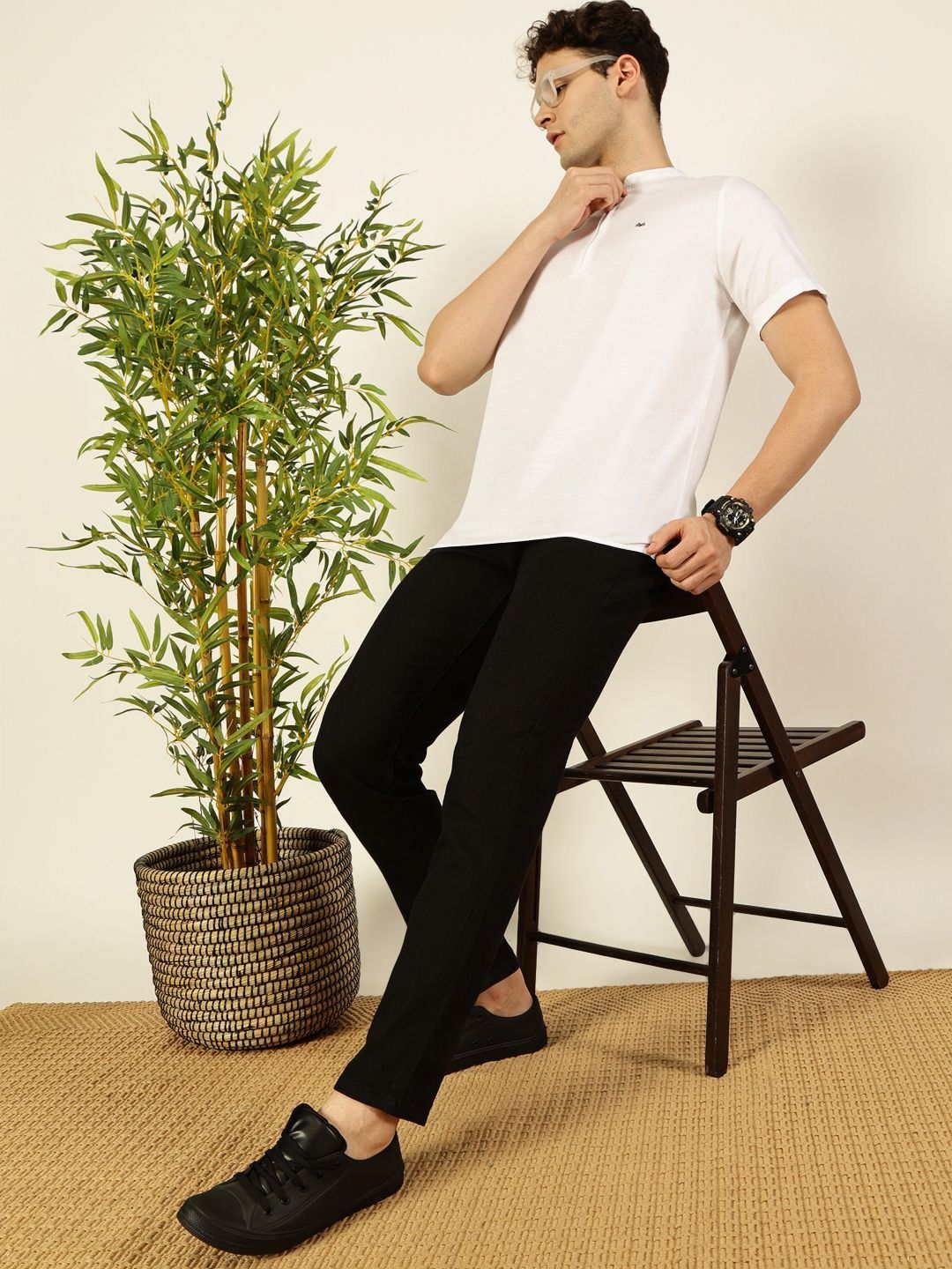 Thomas Scott Men Solid Mandarin Collar Cotton T-Shirt