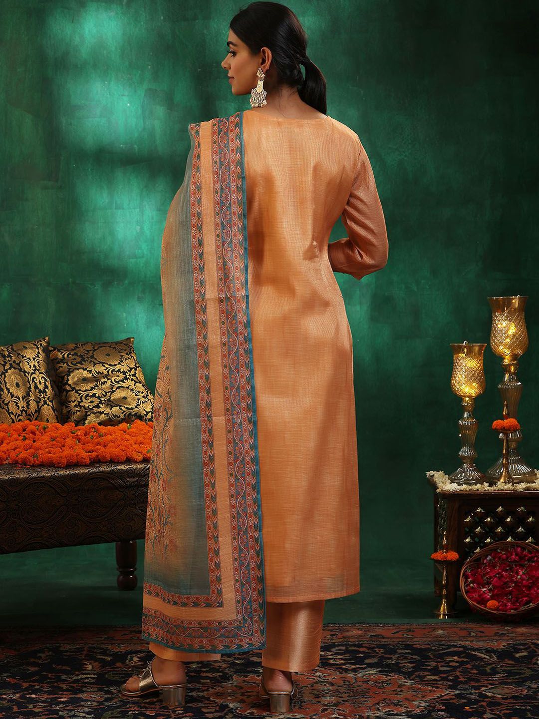 Libas Women Yoke Design Regular Beads and Stones Kurta with Trousers & With Dupatta