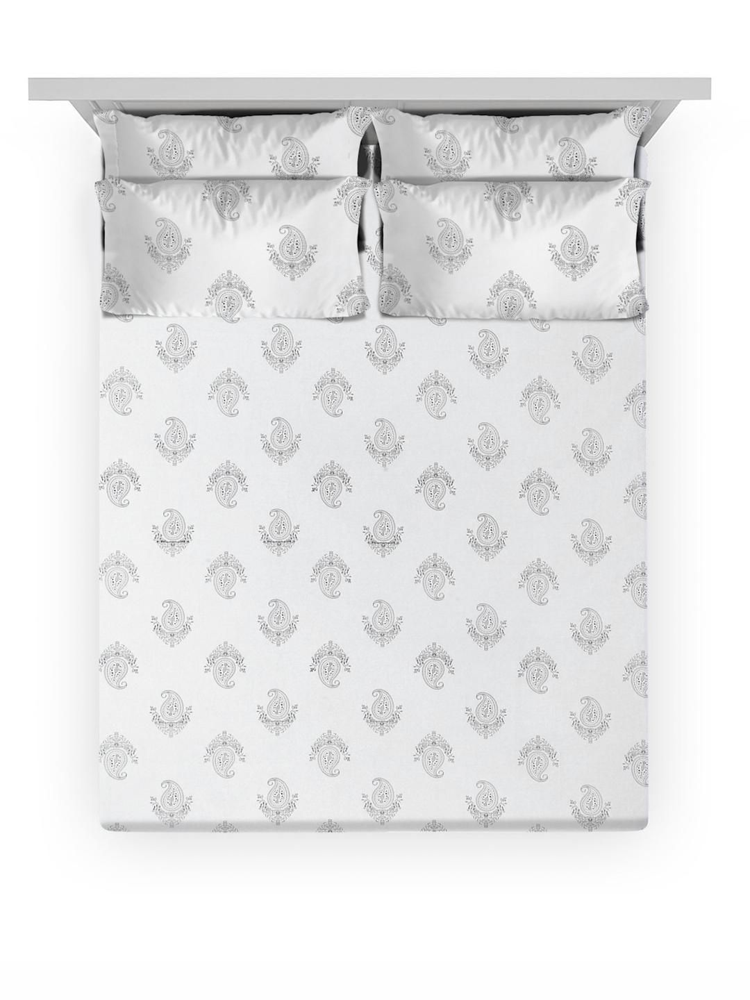 KLOTTHE White Ethnic Printed Flat 400TC Kapas Tulen Cadar Super King & 4 Sarung Bantal