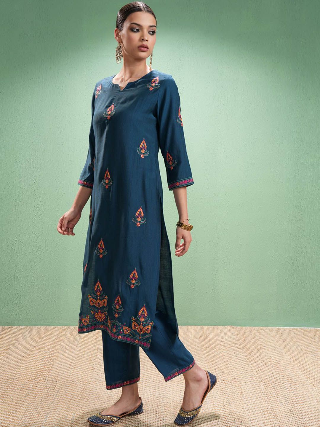 Vishudh Women Floral Embroidered Regular Thread Work Kurta with Trousers & With Dupatta