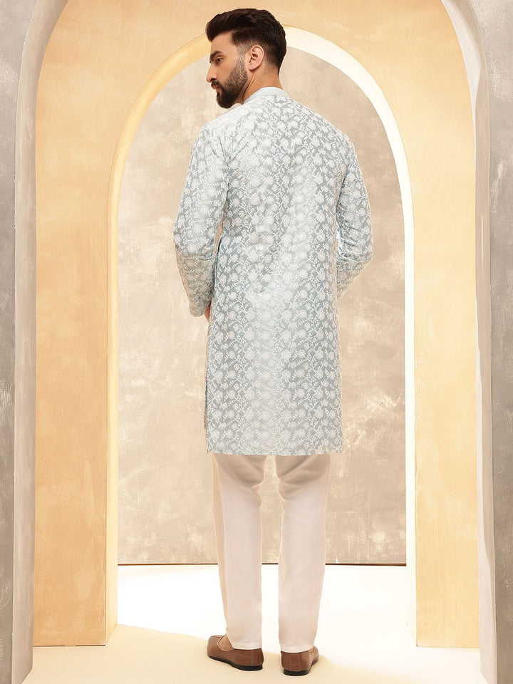 Kurta Lurus Kolar Mandarin Kelabu Kelabu Bersulam Bunga Dengan Piyama