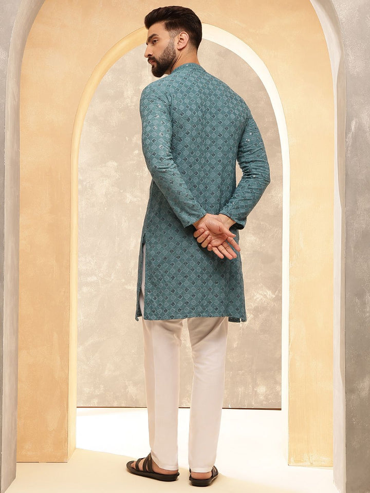 Anouk Teal Geometric Embroidered Sequinned Straight Pure Cotton Kurta With Pyjamas