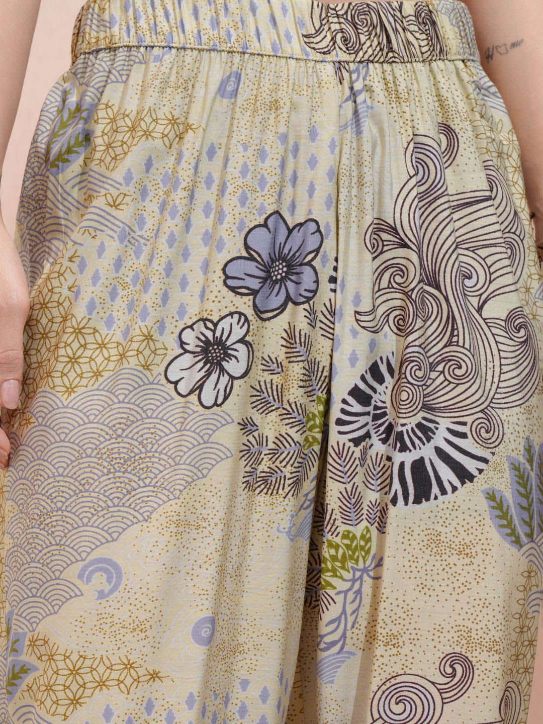 Vishudh Yellow Floral Printed Shirt Collar Three-Quarter Sleeves Top With Trouser