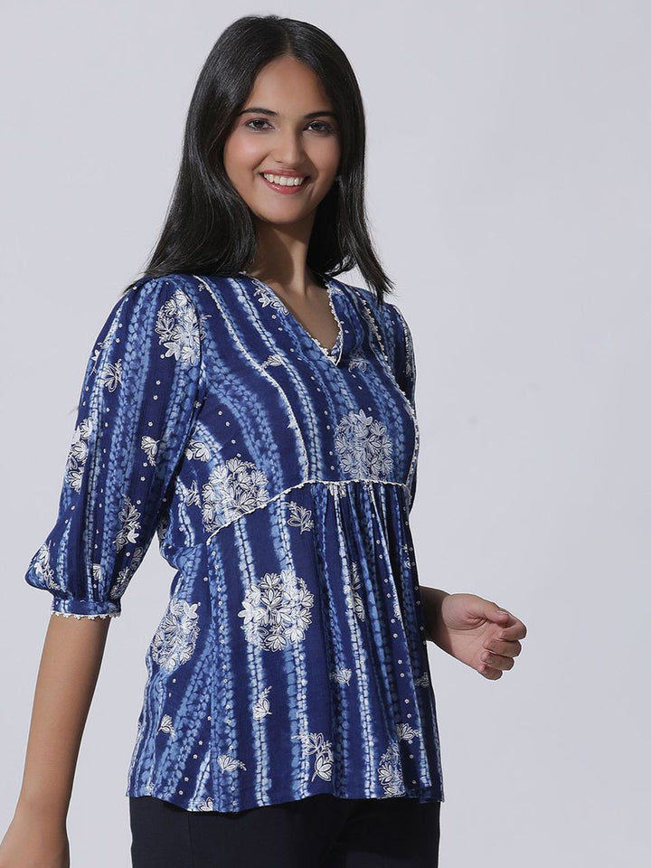 W Print Puff Sleeve Empire Top