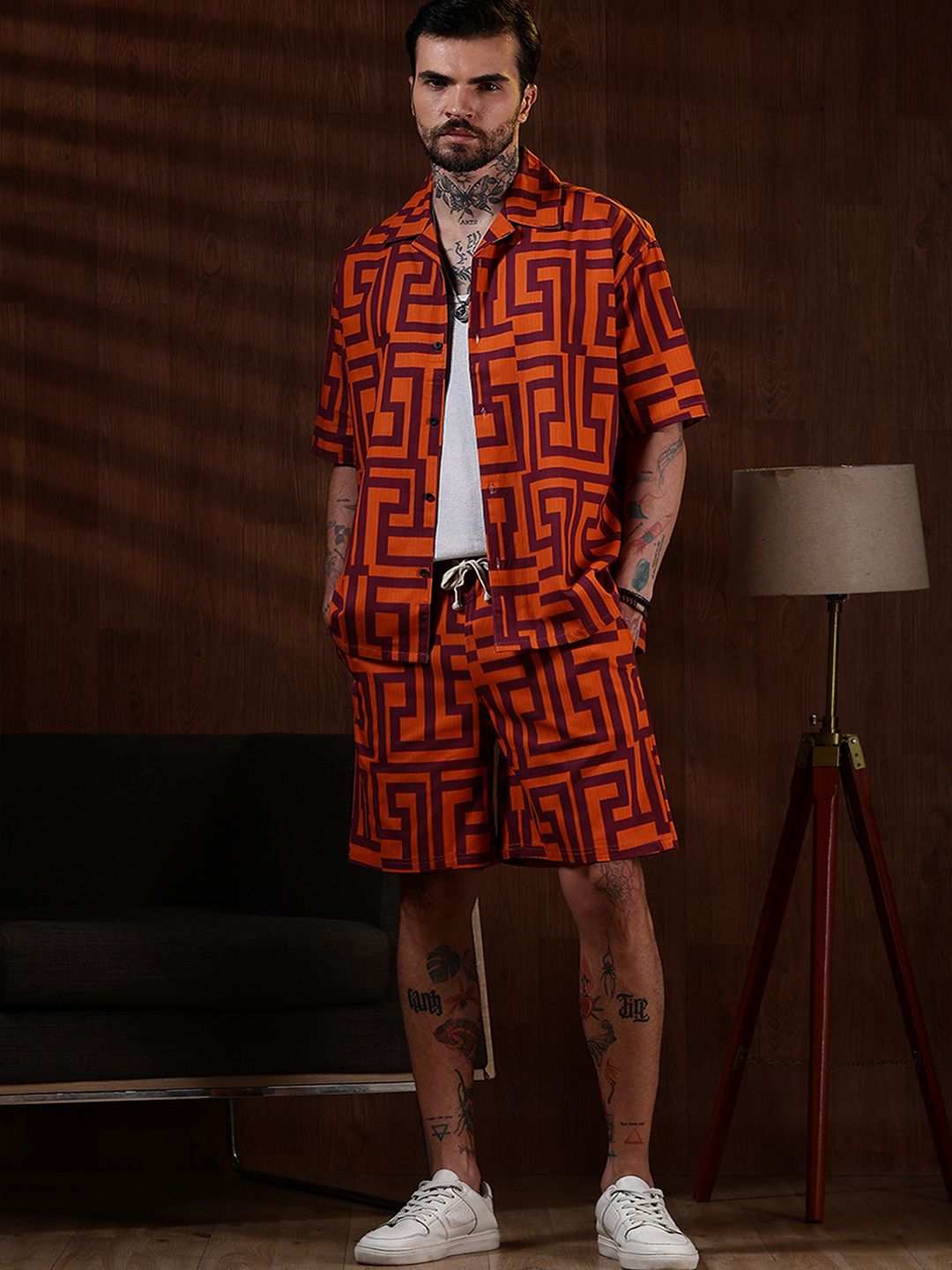Eszett Geometric Printed Spread Collar Pure Cotton Shirt With Shorts Co-Ord Set