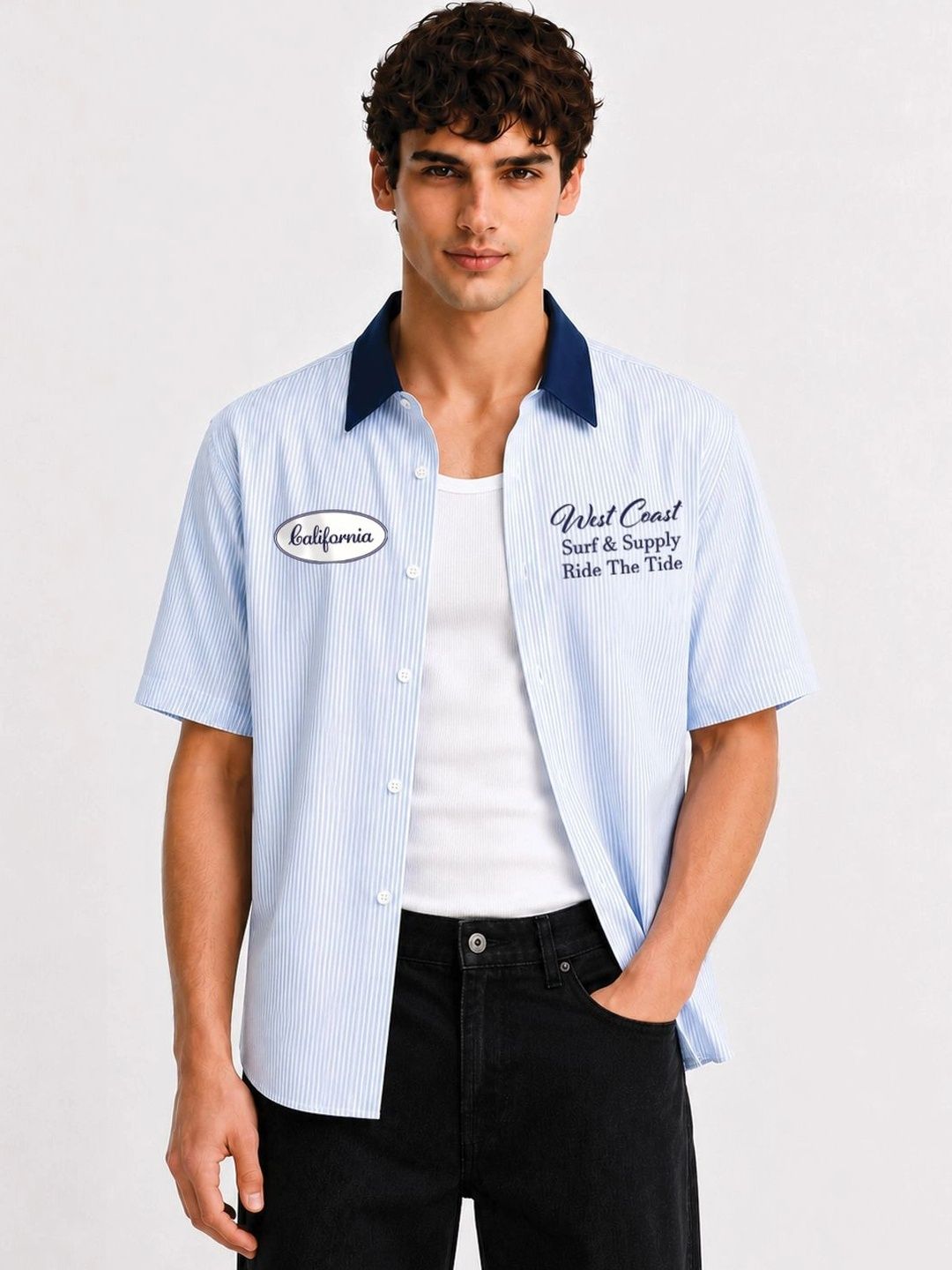 ADRO Spread Collar Lengan Pendek Baju Kasual Kapas Berjalur Santai