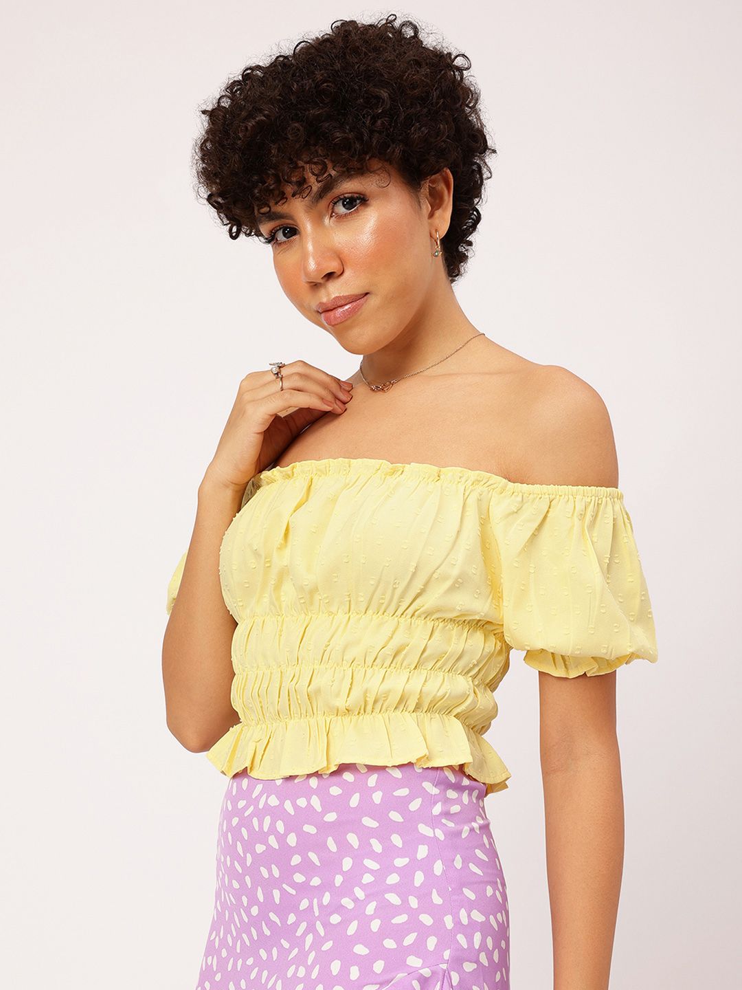 DressBerry Sunshine Serenade Ruffle Detail Smocked Off-Shoulder Top