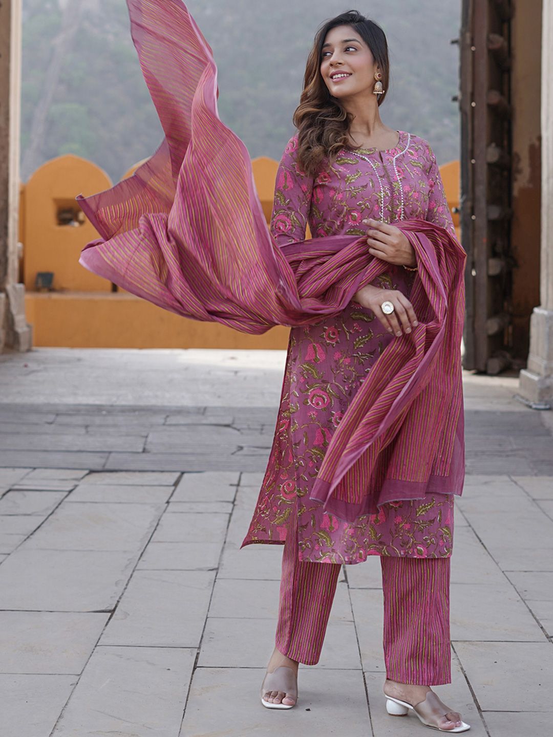 KALINI Printed Sequinned Notch Neck Pure Cotton Straight Kurta with Trousers & Dupatta
