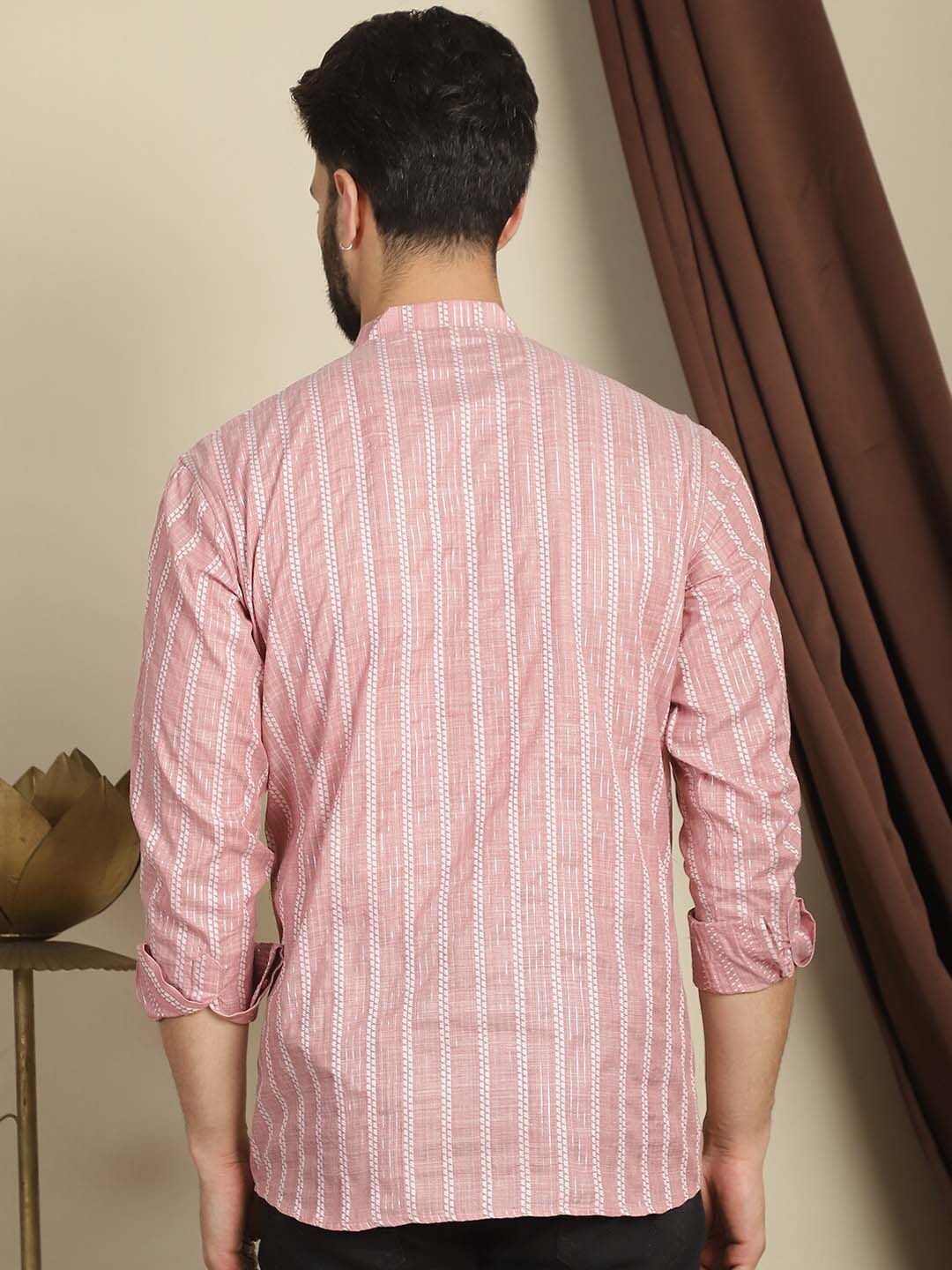 Anouk Striped Mandarin Collar Long Sleeves Thread Work Cotton Short Kurta
