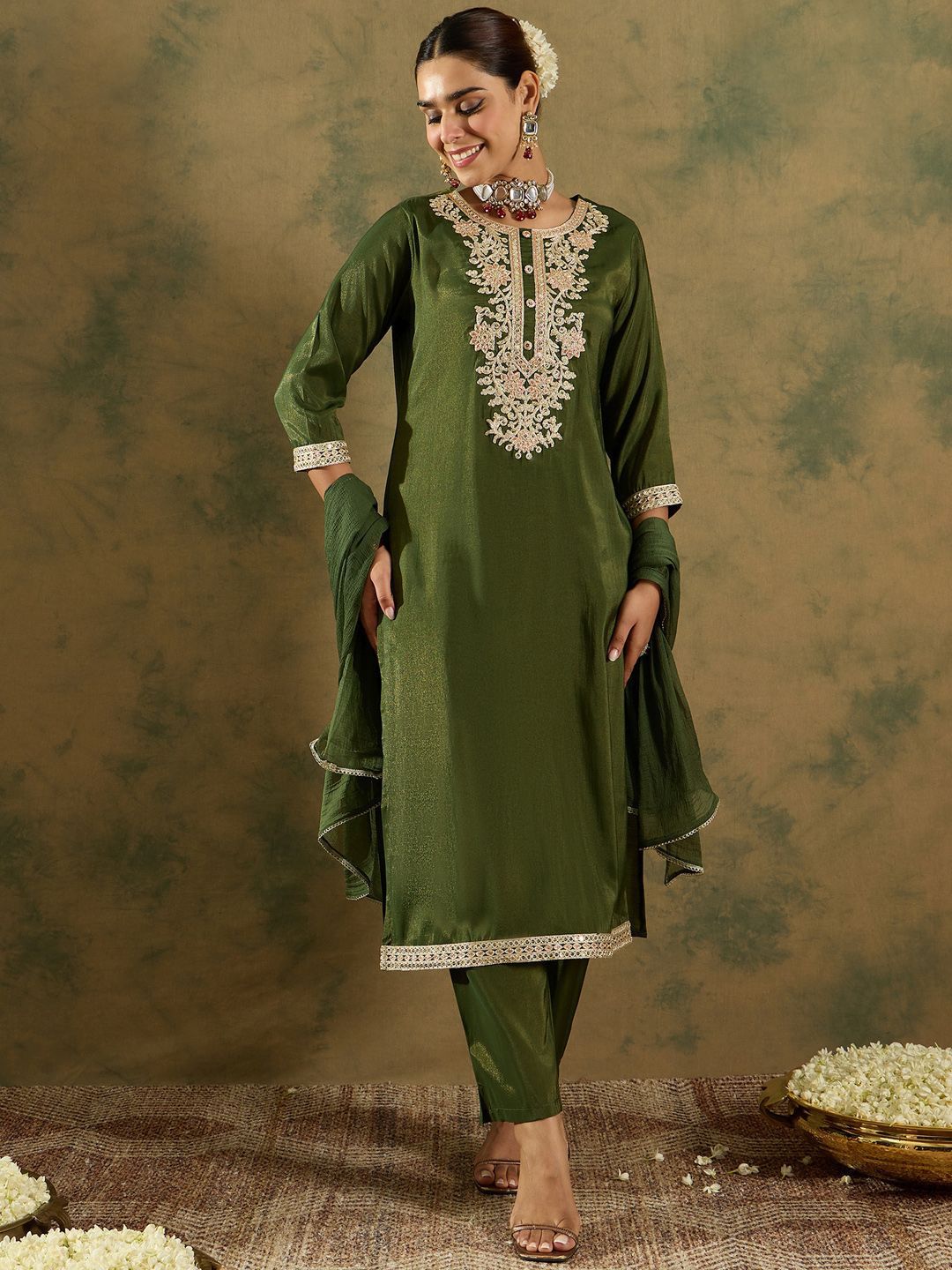 Indo Era Ethnic Motifs Zari Embroidered Kurta with Trouser & Dupatta