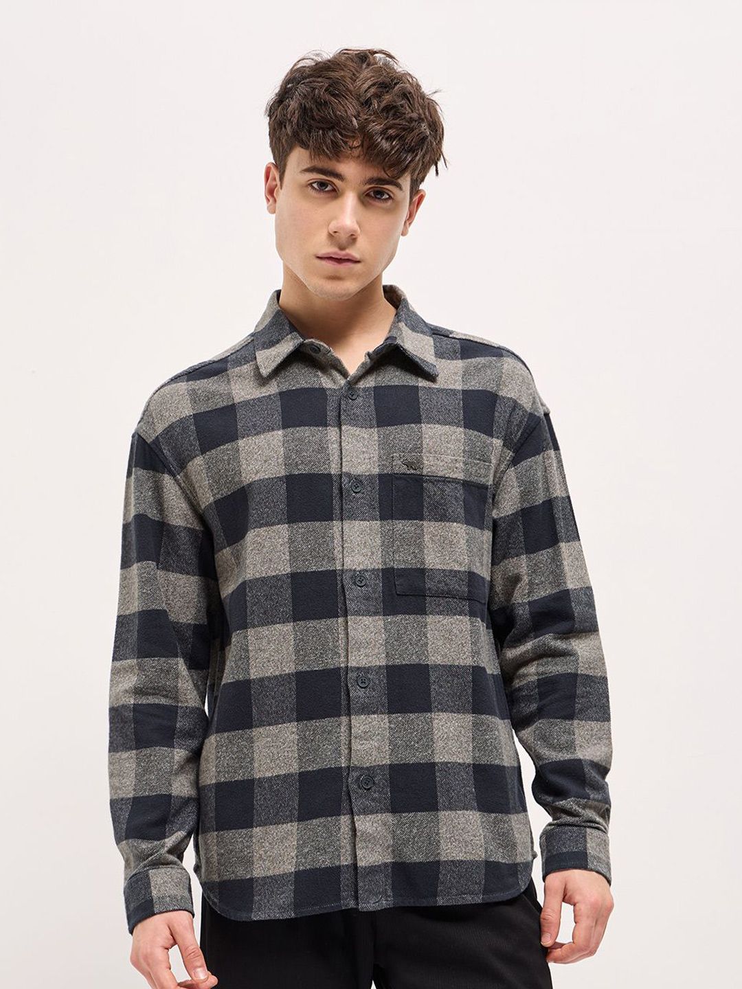 THE BEAR HOUSE Men Spread Collar Buffalo Checked Cotton Shirt