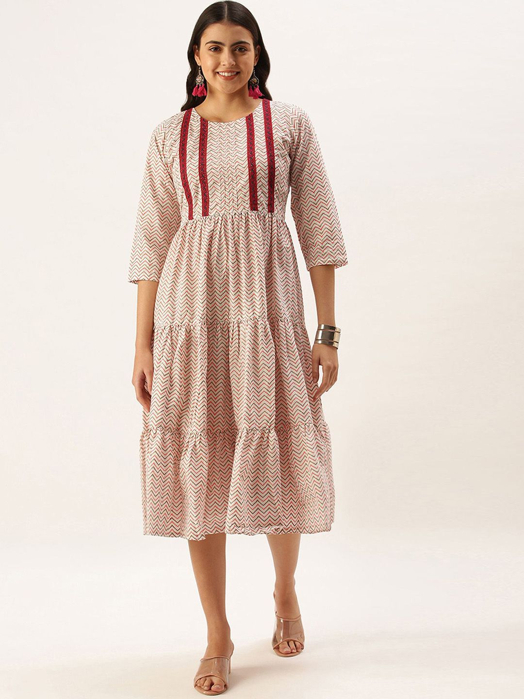 KALINI Chevron Printed Round Neck Midi Cotton Fit and Flare Dress