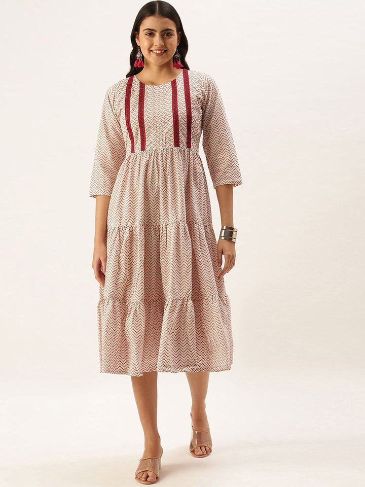 KALINI Chevron Printed Round Neck Midi Cotton Fit and Flare Dress