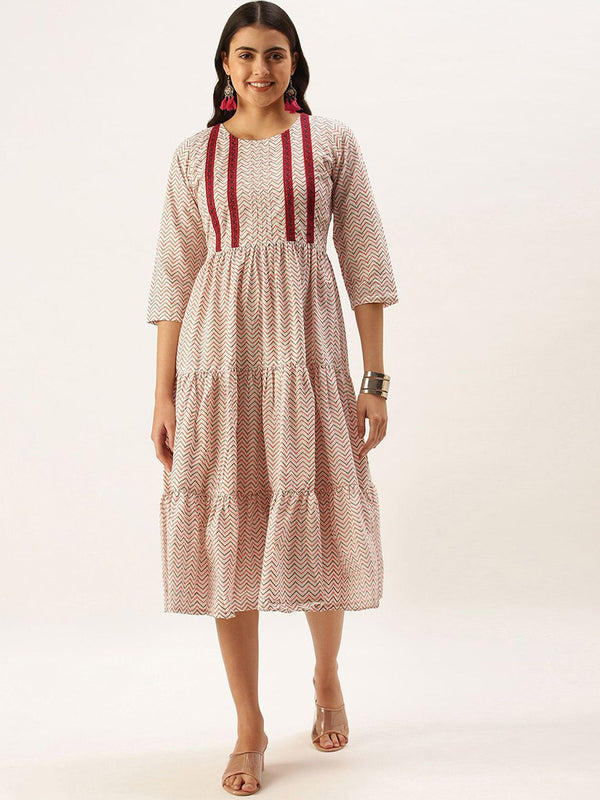 KALINI Chevron Printed Round Neck Midi Cotton Fit and Flare Dress