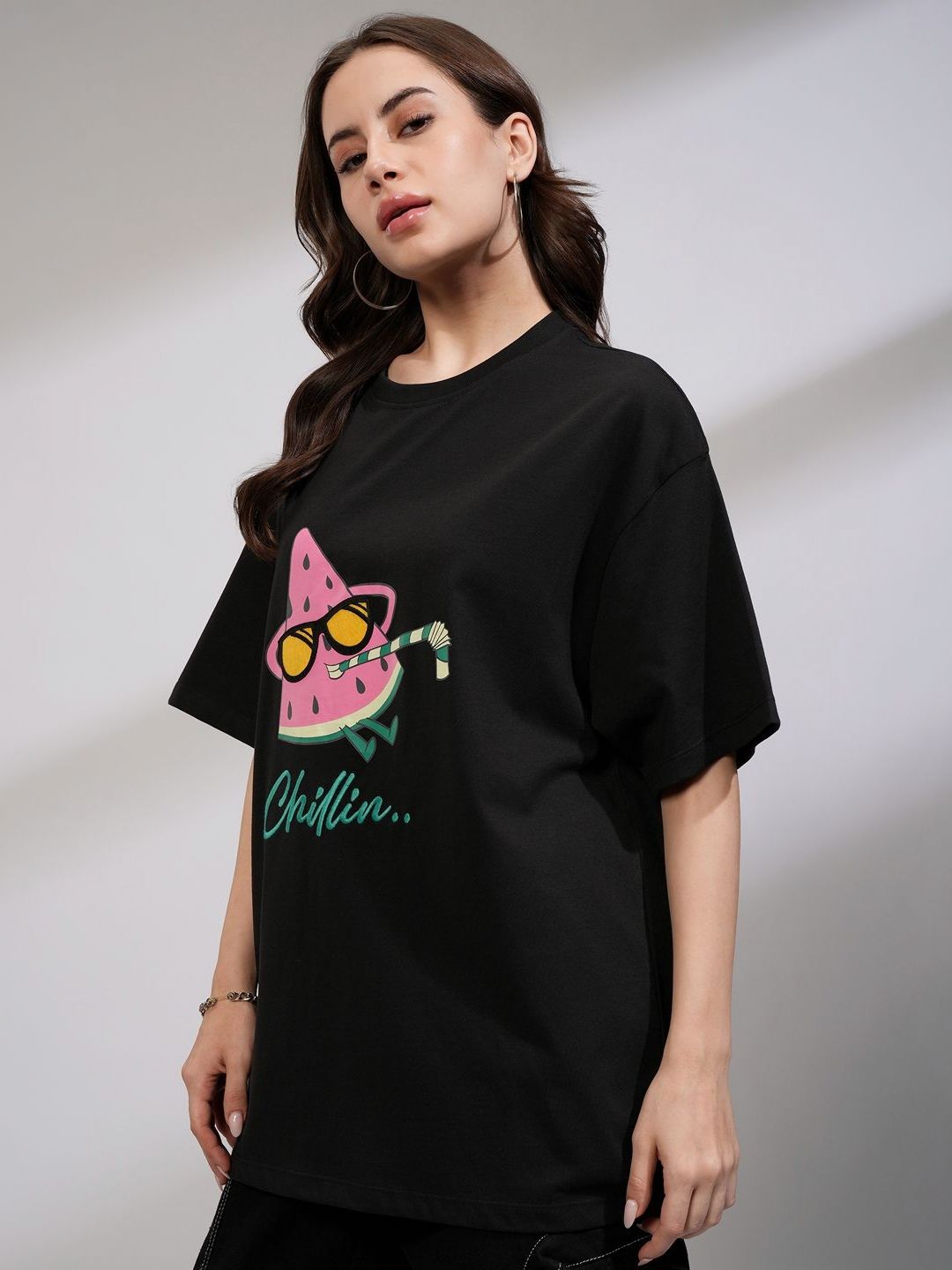 Tokyo Talkies Women Solid Oversize Fit Chest and Back Print T-Shirt