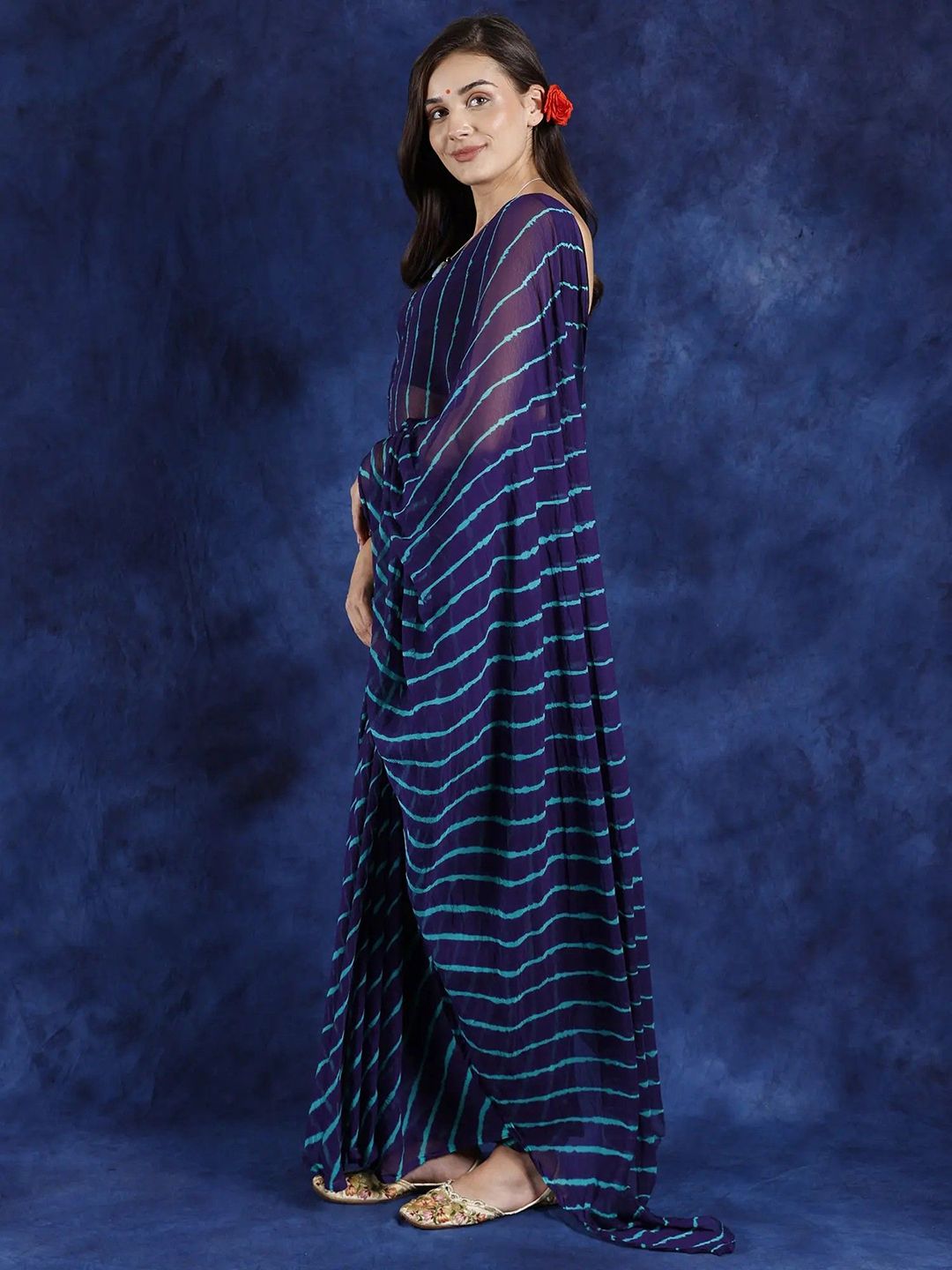 Exotic India Violet Indigo Leharia Tie-Dye Chiffon Saree