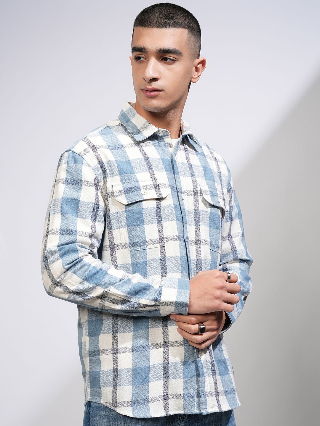 HIGHLANDER Men Relaxed Fit Spread Collar Tartan Checked Cotton Casual Shirt