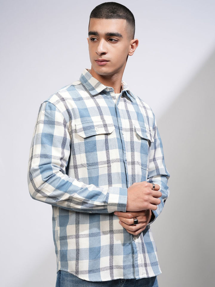 HIGHLANDER Men Relaxed Fit Spread Collar Tartan Checked Cotton Casual Shirt
