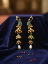 PANASH Gold-Plated Artificial Stones Studded And Beaded Peacock Shaped Drop Earrings