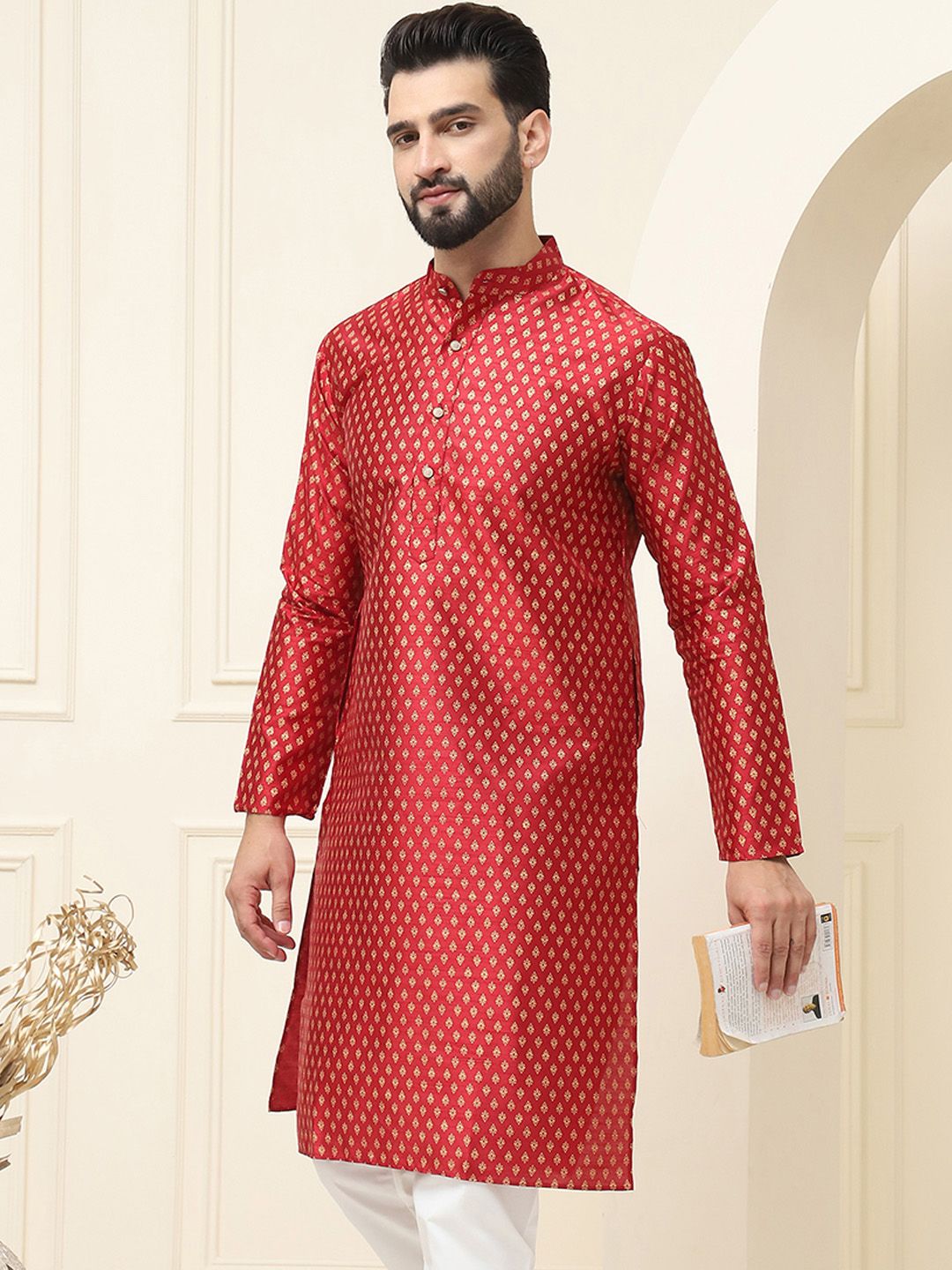 SOJANYA Motif Etnik Bercetak Kolar Jalur Lengan Panjang Kurta Sutera Biasa