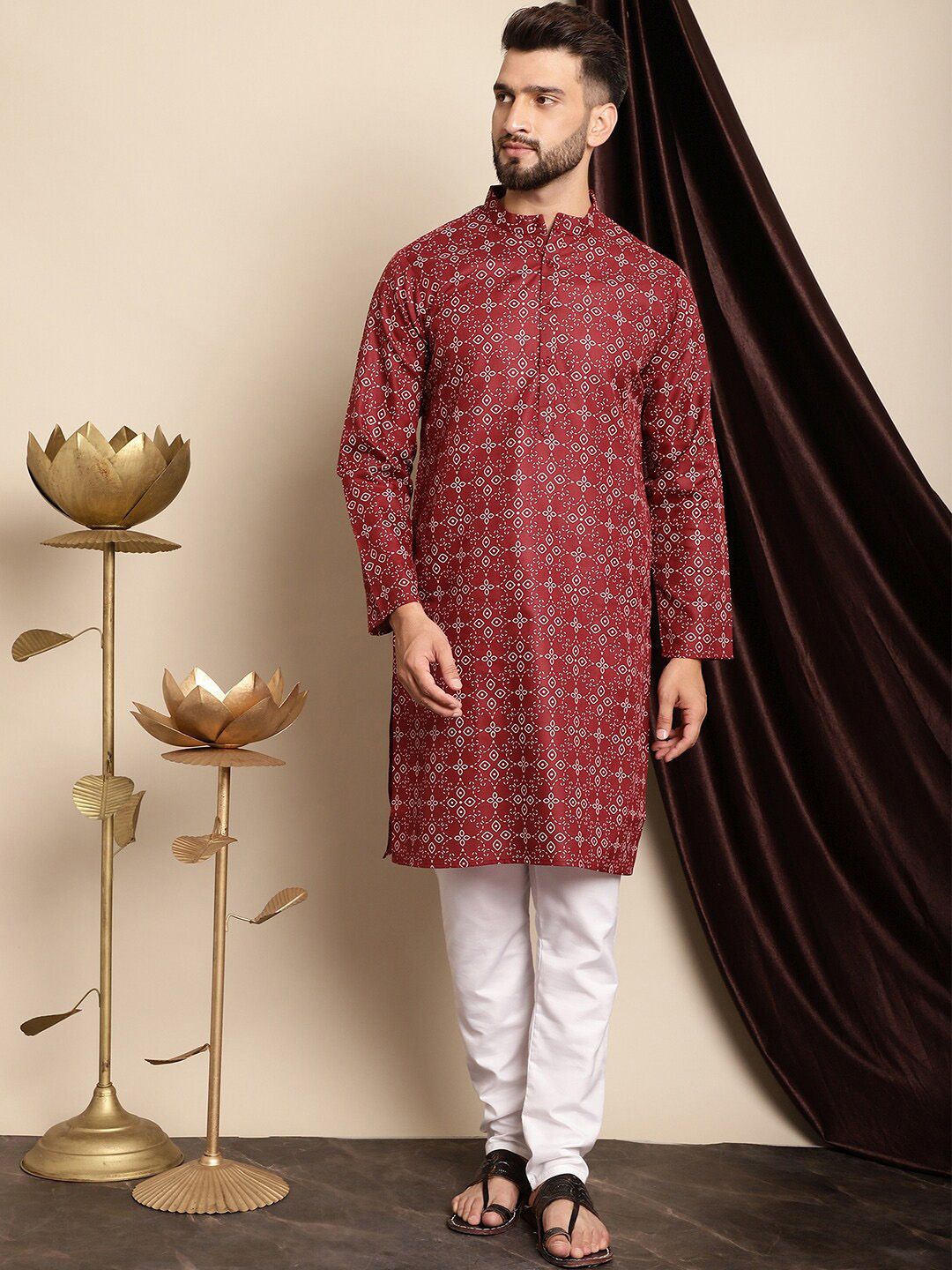 Anouk Maroon & White Ethnic Motifs Printed Kurta With Churidar