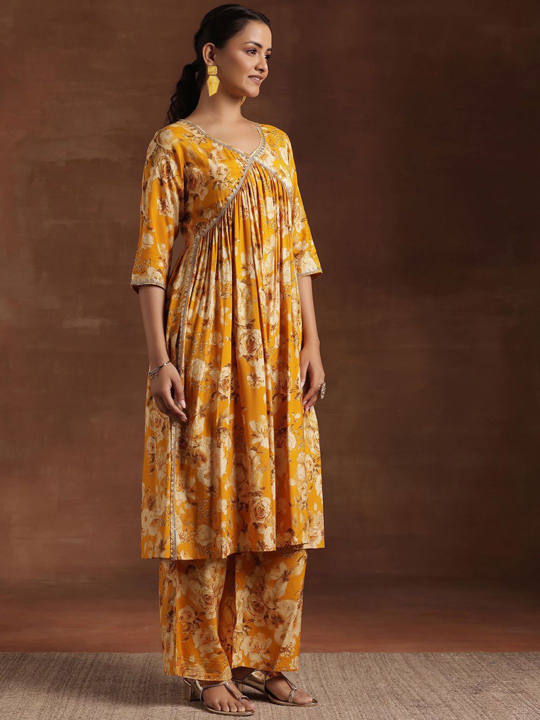 Libas Floral Printed Empire Sequinned A-Line Kurta With Palazzo & Dupatta