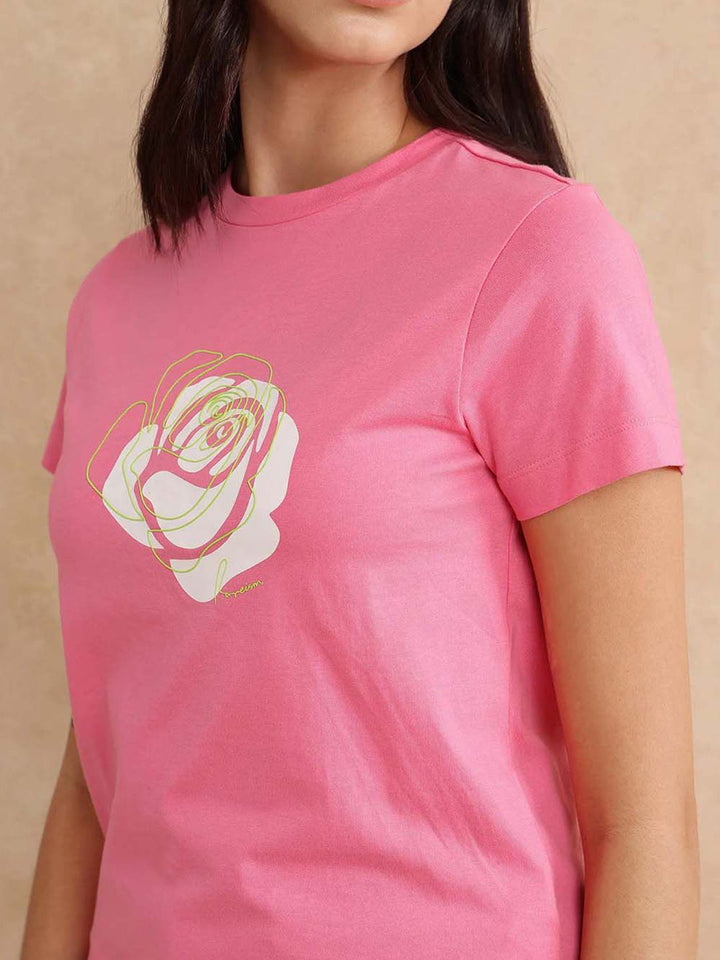 Rareism Wanita bunga T-Shirt Tepi Mentah Bercetak