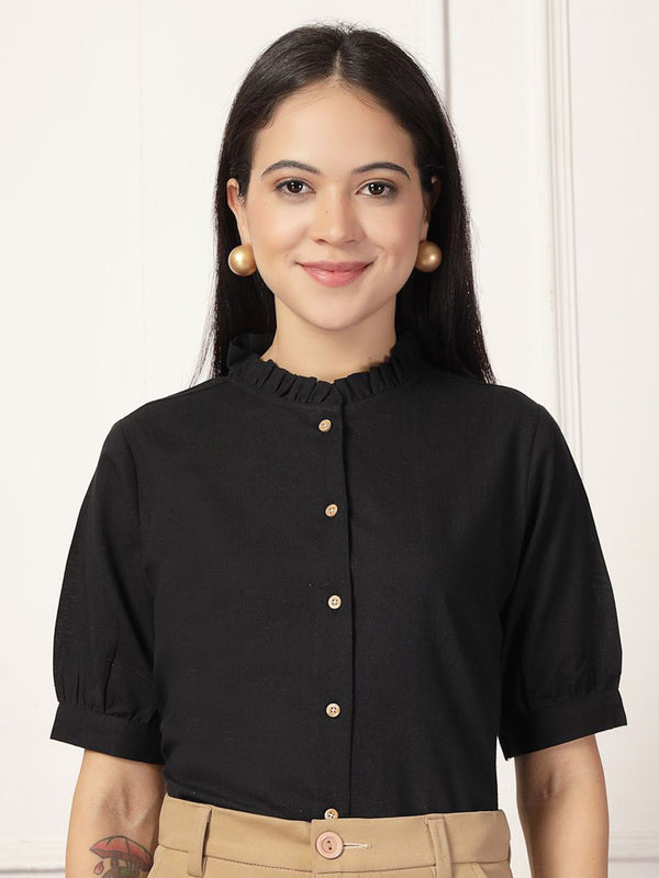 Style Quotient Smart Mandarin Collar Puff Sleeves Gathers Formal Cotton Shirt