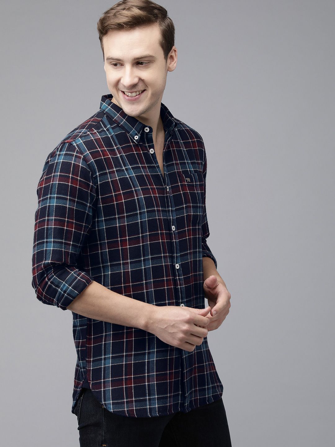 THE BEAR HOUSE Men Navy Blue Slim Fit Checked Flannel Pure Cotton Casual Shirt