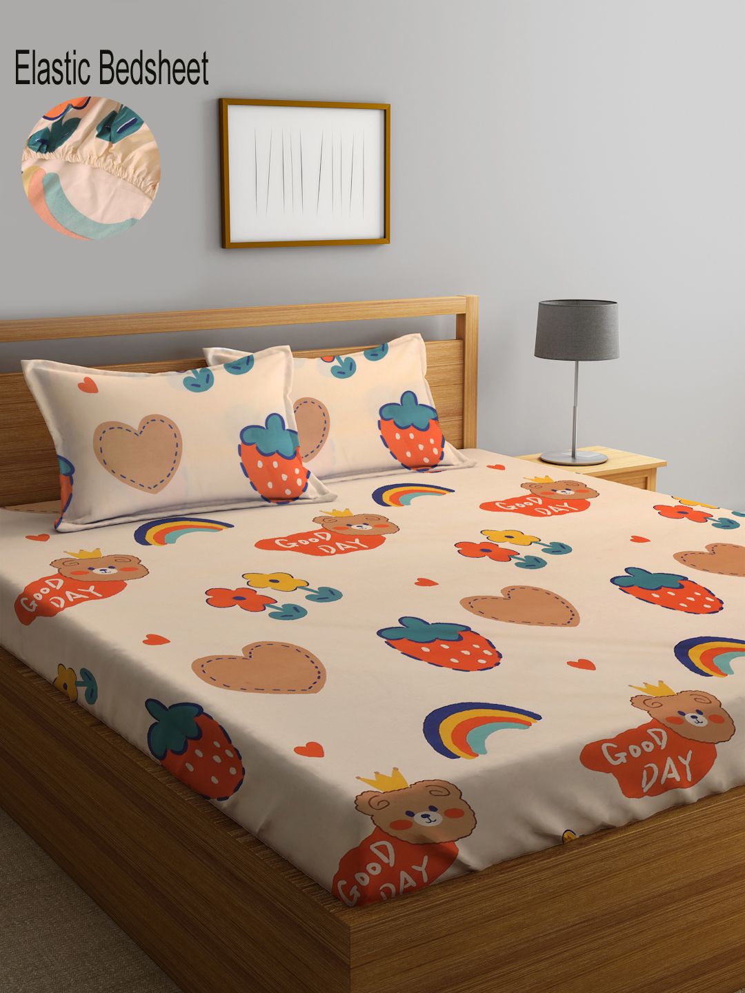 KLOTTHE Peach Conversational Fitted 300 TC King Bedsheet with 2 Pillow Covers-250 x 225 cm
