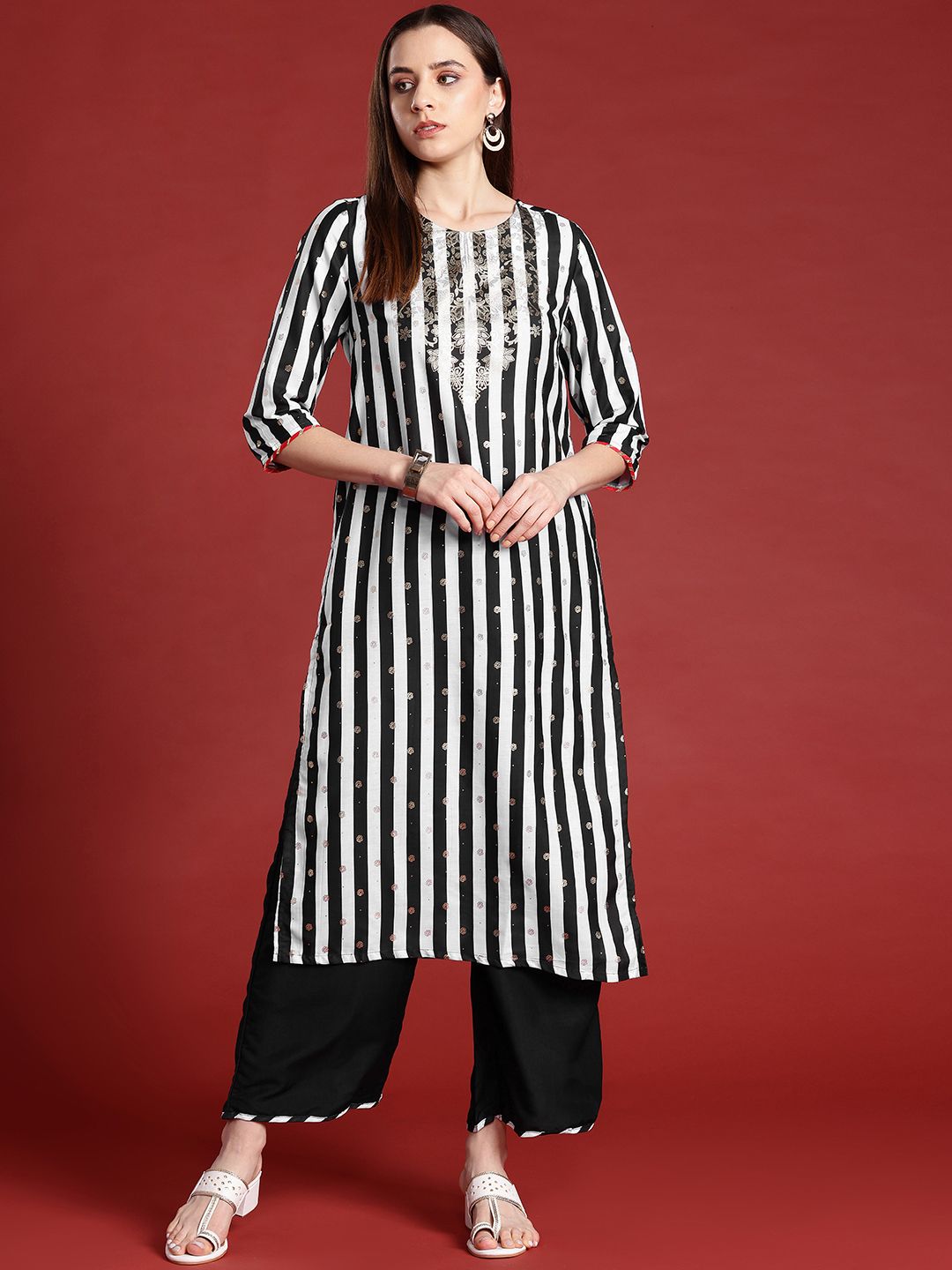 Anouk Striped & Floral Print Gotta Patti Kurta with Palazzos