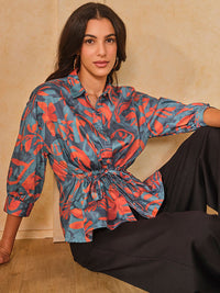 AND Women Abstract Printed Shirt Collar Cotton Top