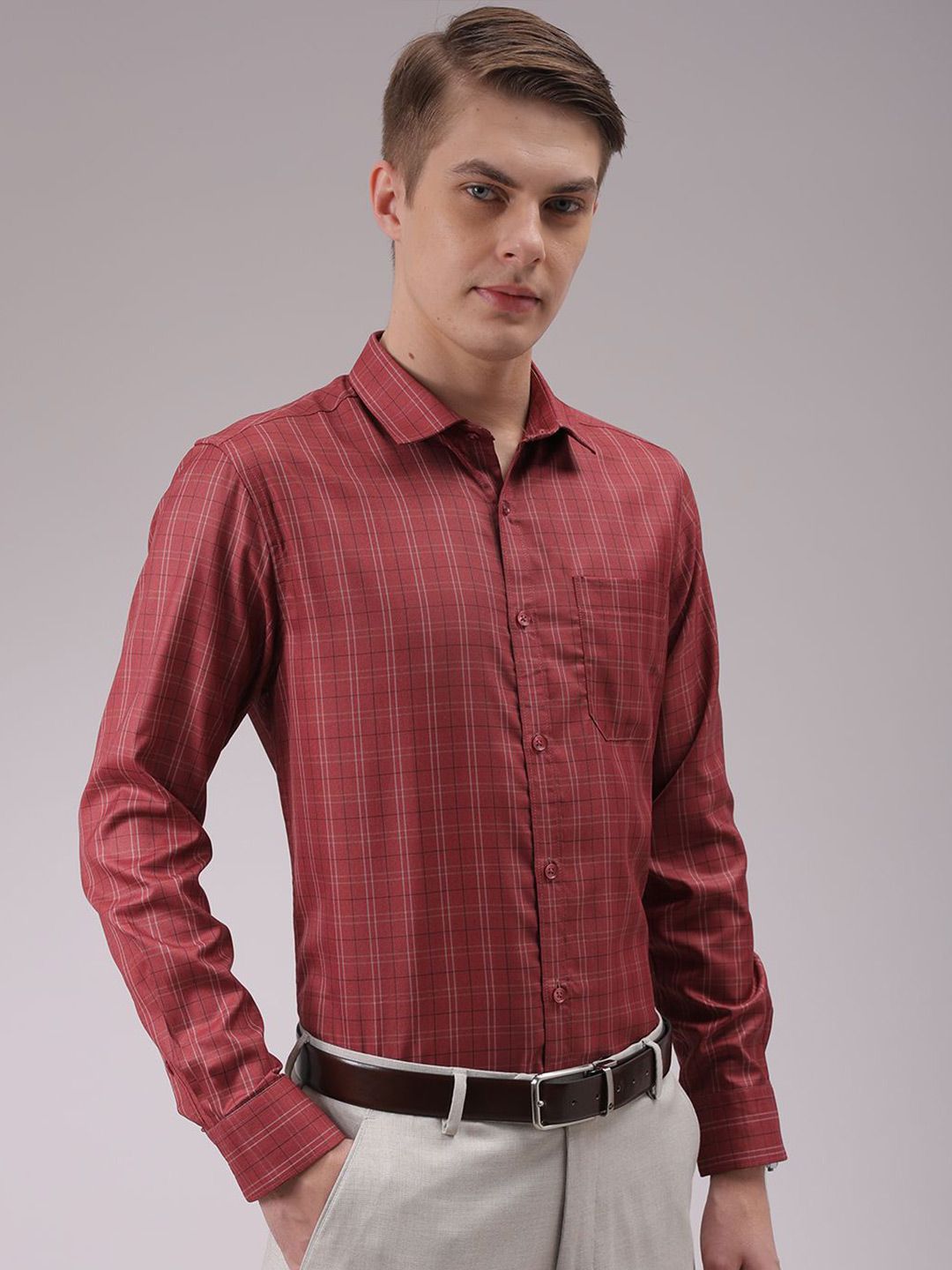 The Indian Garage Co. X Luxe Men Cutaway Collar Checked Slim Fit Formal Shirt