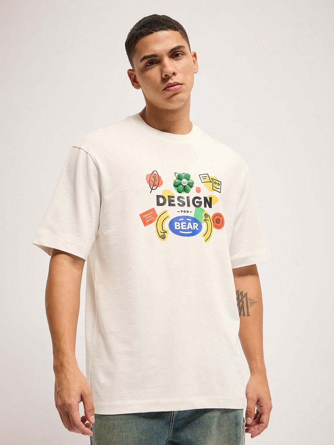 THE BEAR HOUSE Men Graphic Printed Round Neck Cotton Oversized T-shirt