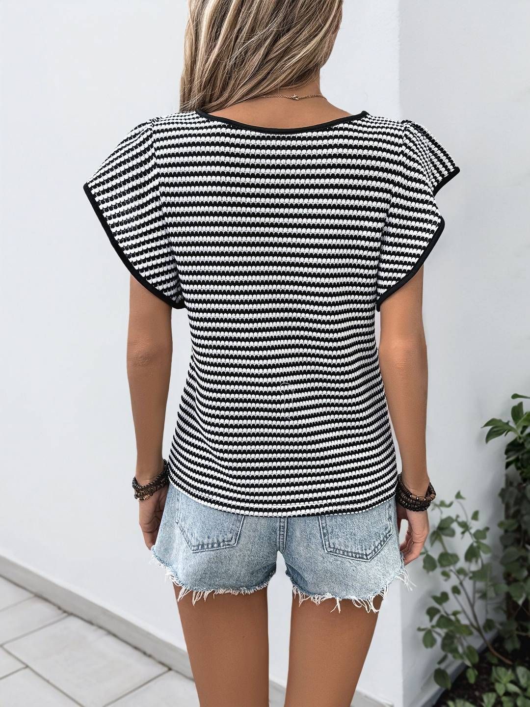 all about you Women Striped Puff Sleeves Casual T-shirt