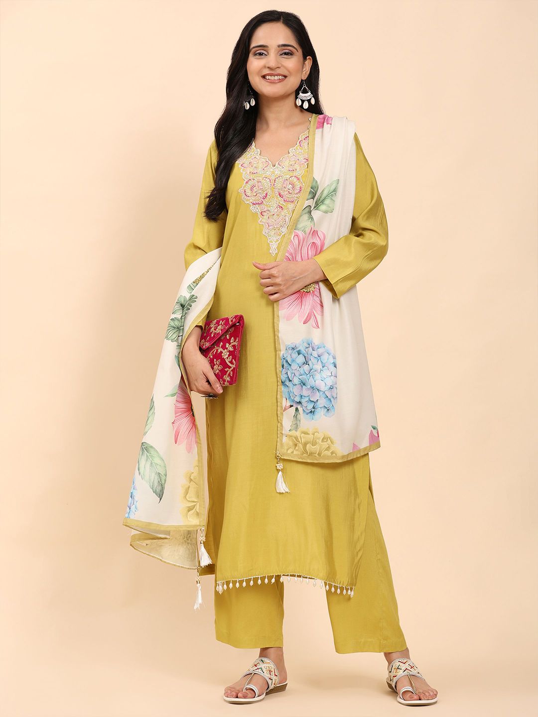Mamicha Women Embroidered Regular Pure Cotton Kurta with Palazzos & With Dupatta