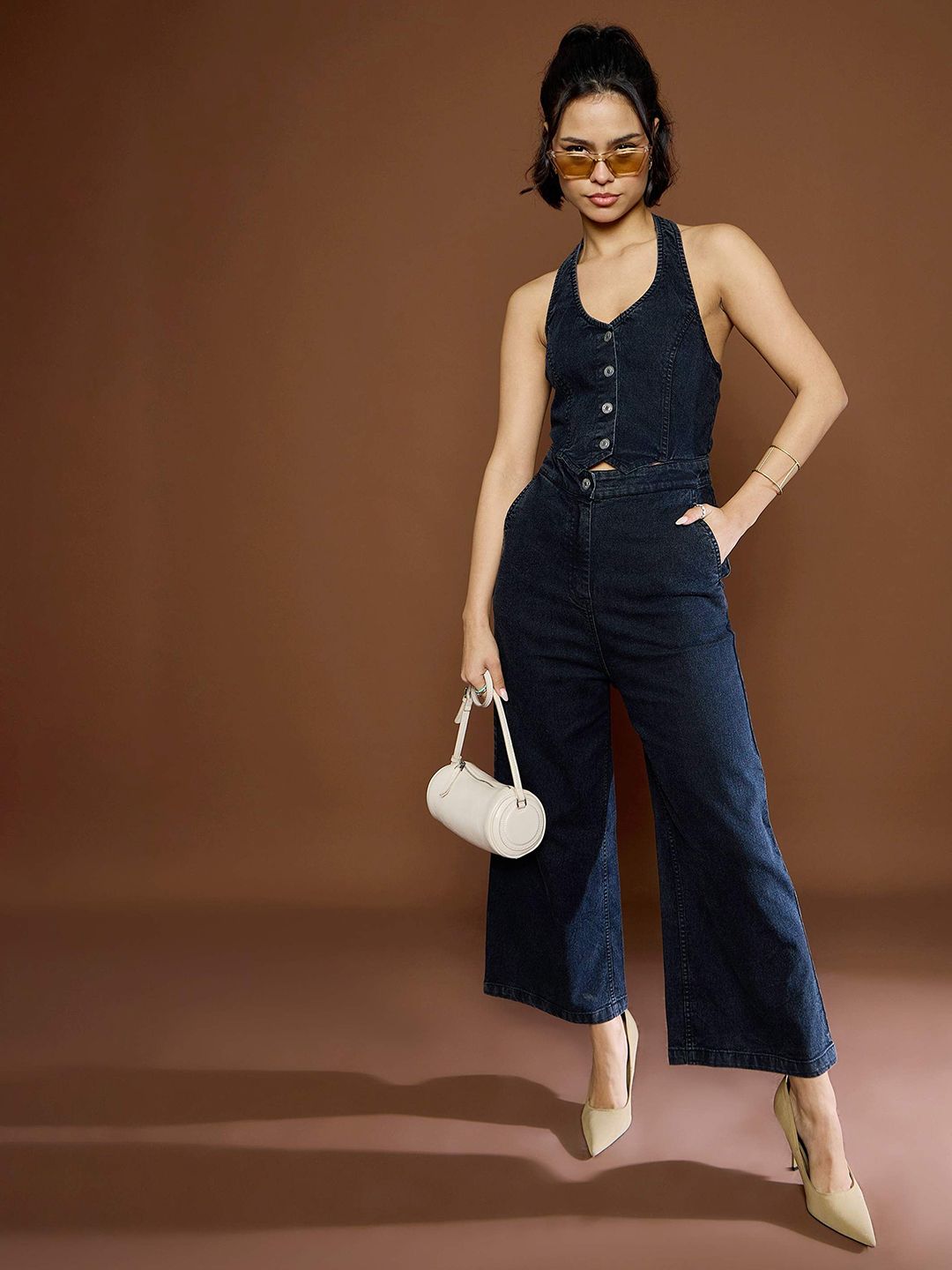 Sassafras wanita kapas halter leher jumpsuit asas
