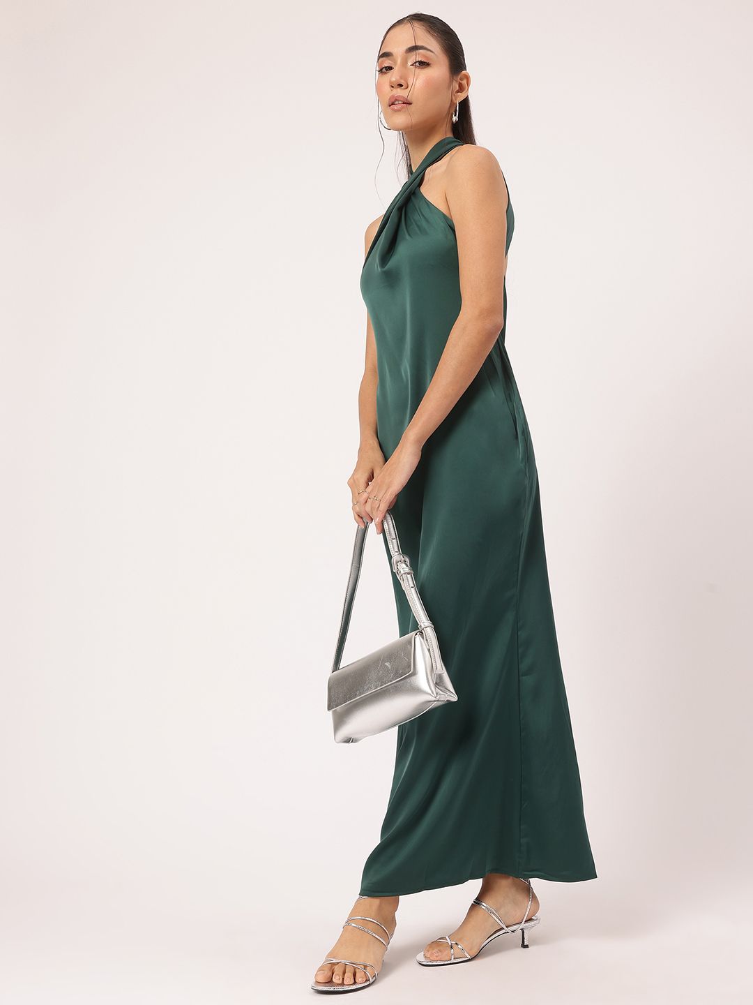 DressBerry Luxe Luster Halter Neck Satin-Finish Maxi Sheath Dress