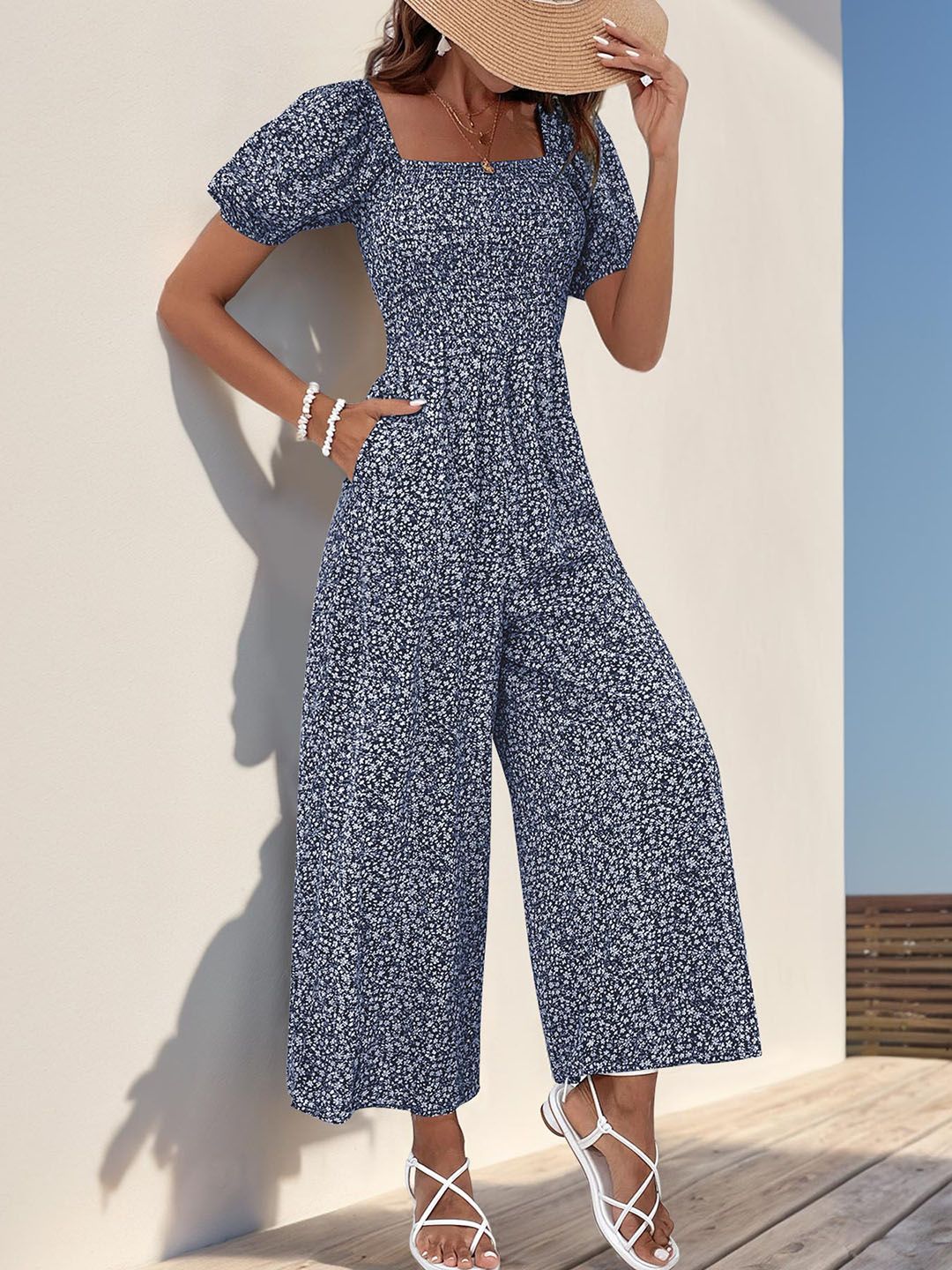 DressBerry Smocked Floral Printed Basic Jumpsuit