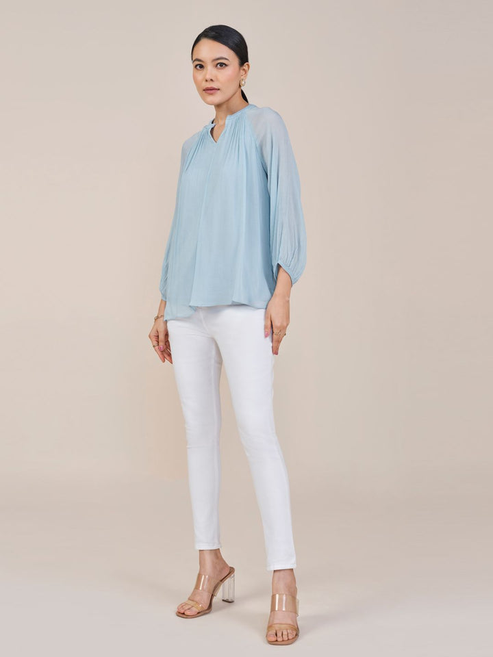 AND Women Solid Puff Sleeves Mandarin Collar Top