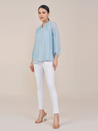 AND Women Solid Puff Sleeves Mandarin Collar Top