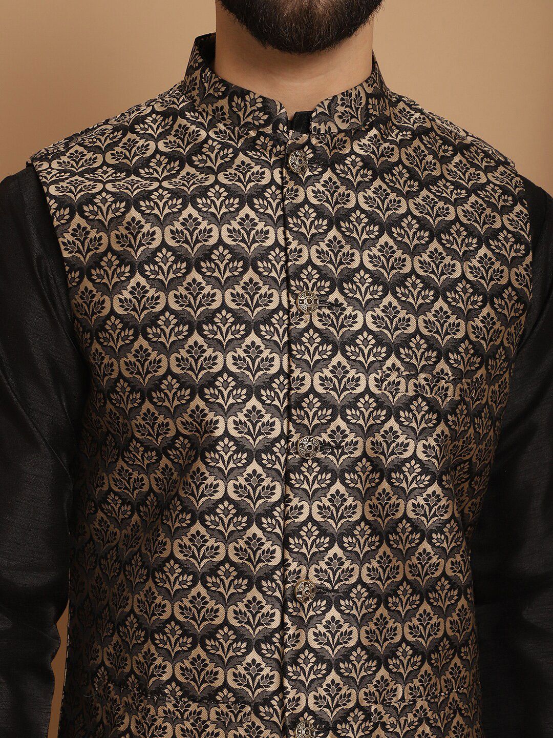 Anouk Woven Design Mandarin Collar Long Sleeves Kurta with Churidar Nehru Jacket