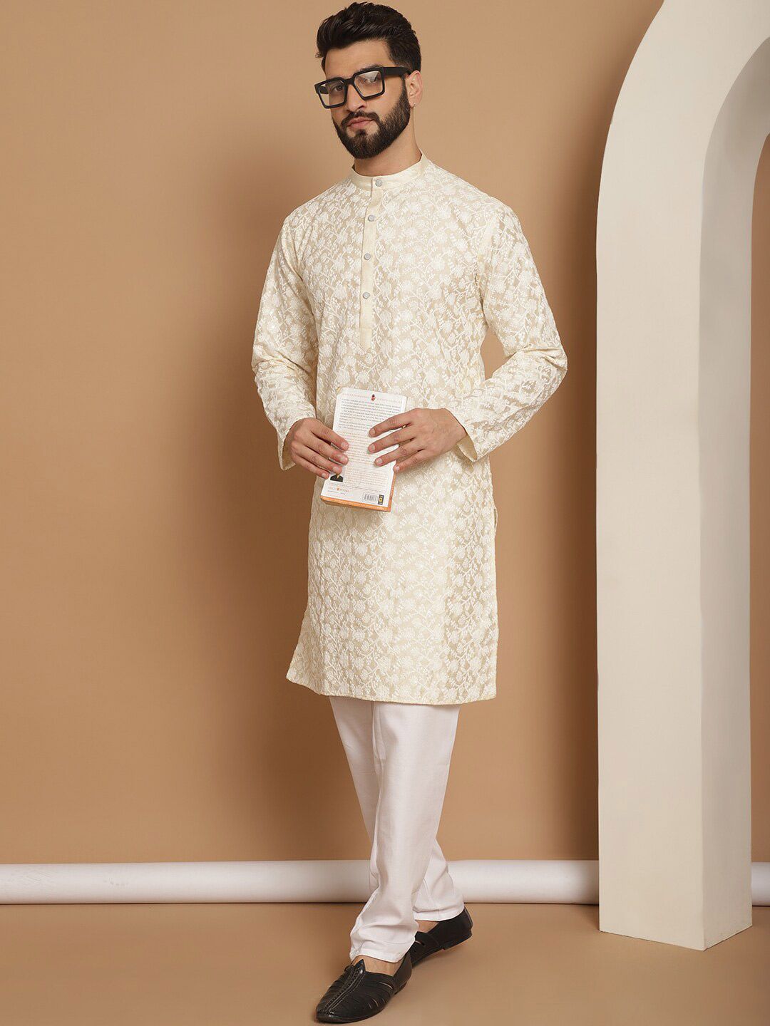 Anouk Floral Embroidered Band Collar Regular Kurta & Churidar
