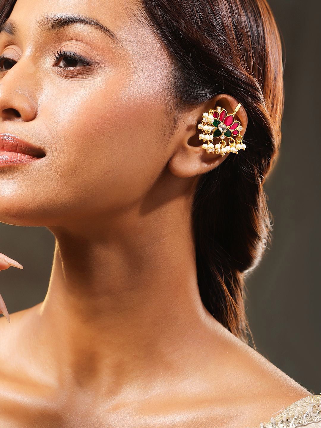 Rubans 22K Gold-Plated Ruby, Emerald & White Kundan Lotus Design Ear Cuff