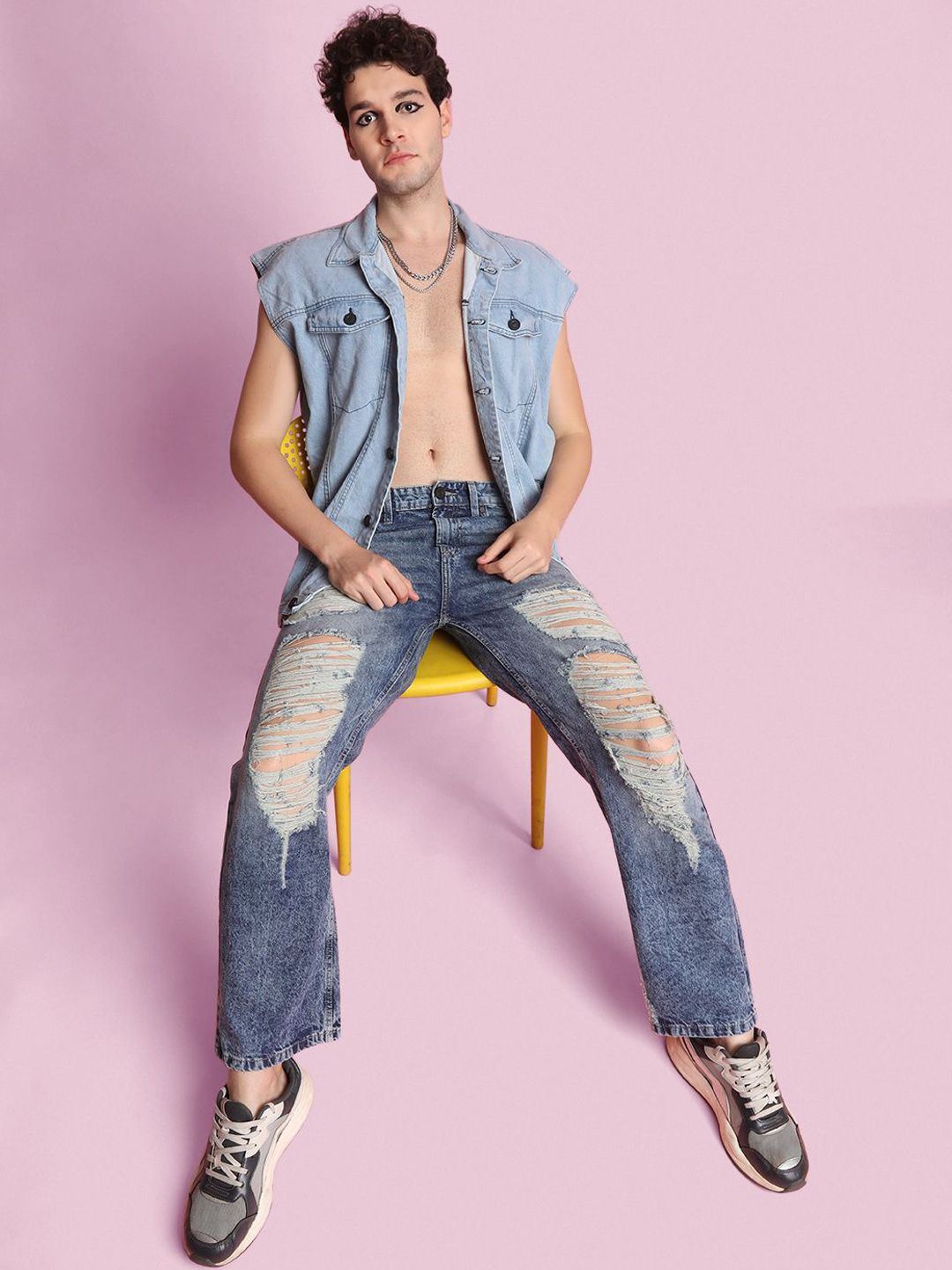 Bene Kleed Men Wide Leg Highly Distressed Heavy Fade Jeans