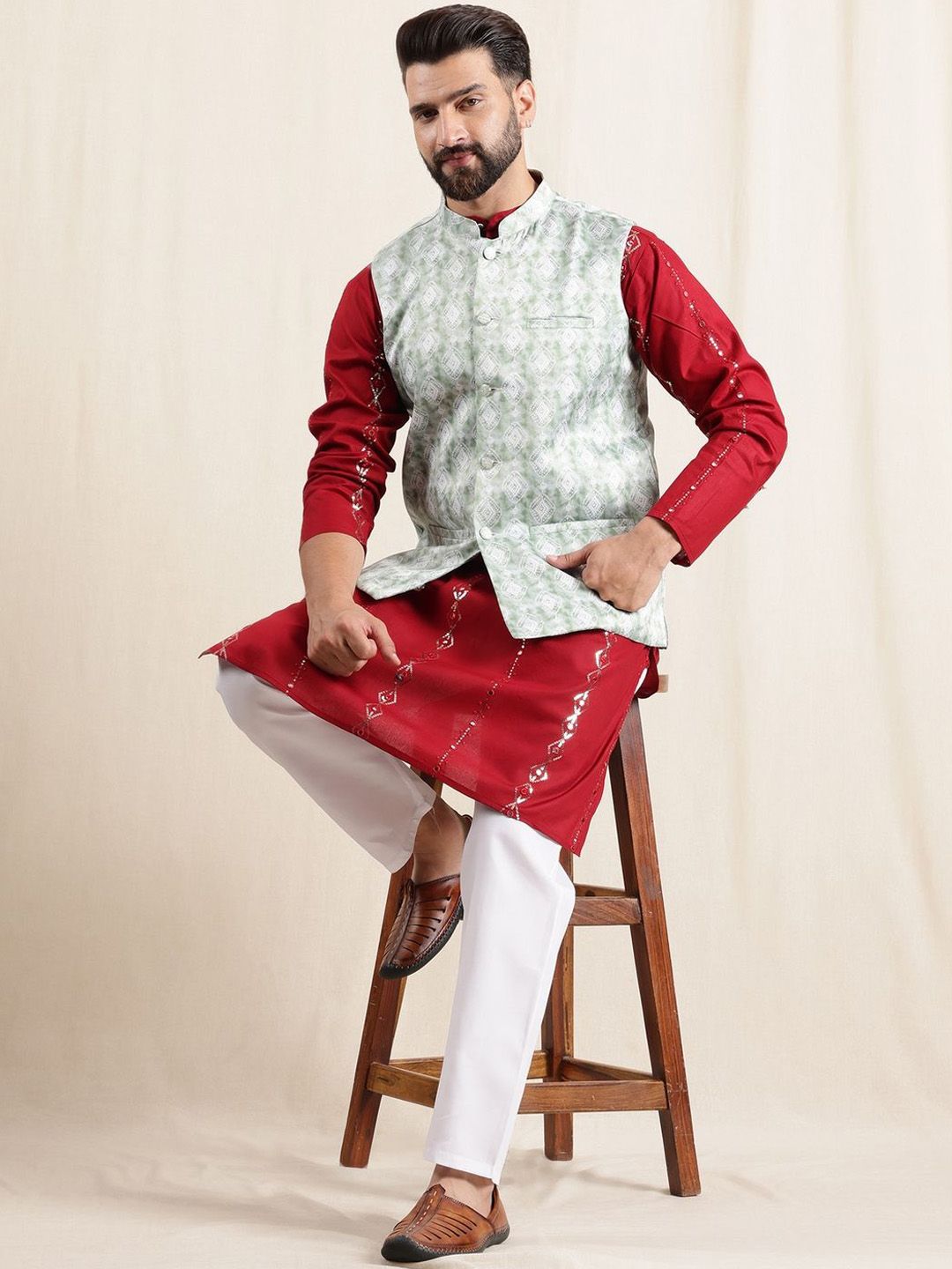 Kurta Kapas Sulam Padat Lelaki Anouk dengan Piyama & Jaket Nehru