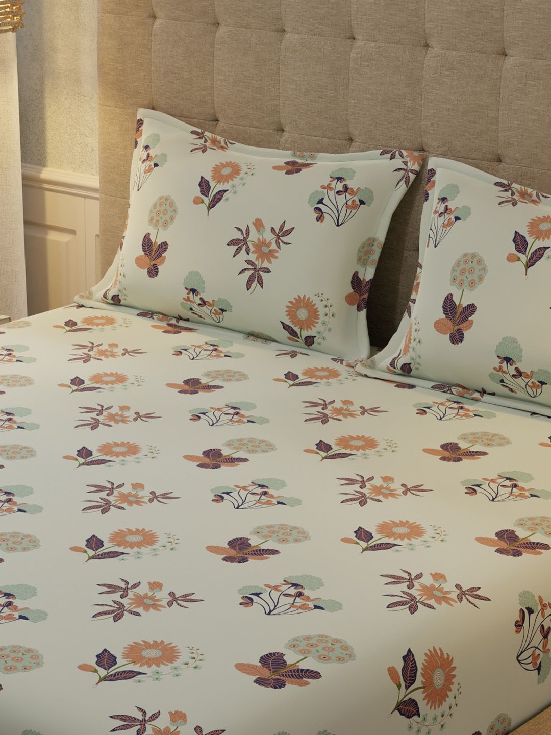 URBAN SPACE Grey Floral 200 TC Cotton King Bedsheet Set 2.74m x 2.74m